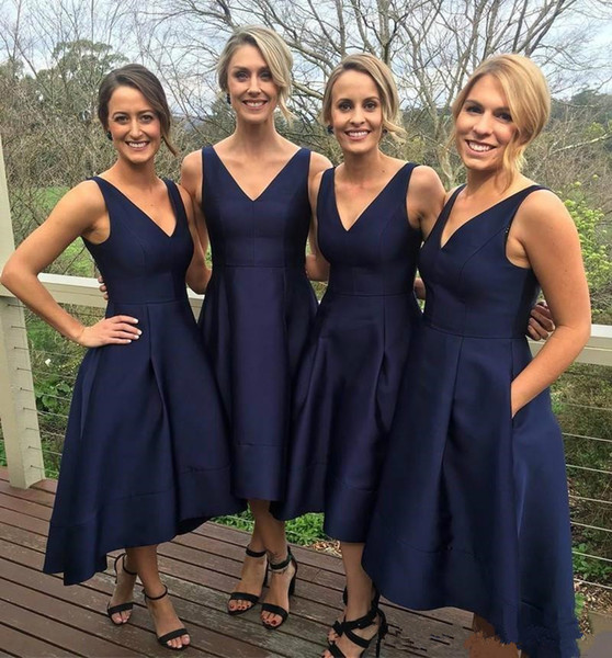 Fashion Navy Blue Bridesmaid Dresses Satin High Low custom made V-Neck Simple Maid Of Honor Dress Evening Party Gowns Formal Prom Dress