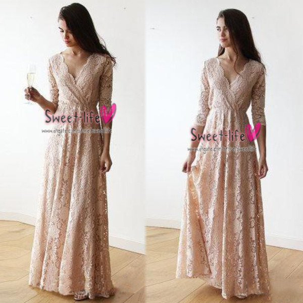 Vintage Ladies Pink Lace Long Sleeves Bridesmaid Dresses V-neck Full length Party Wedding Dress Guest Dinner Prom Gown