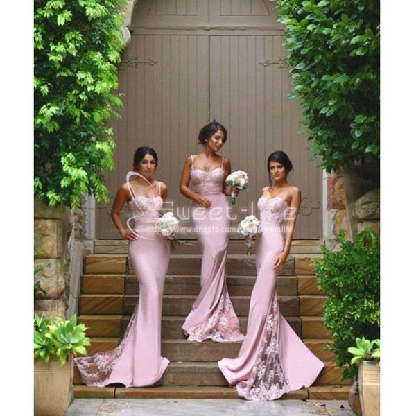 Long Pink Satin Lace Bridesmaid Dresses Mermaid Spaghetti Wedding Guest Gowns Sleeveless Party Dress Maid of Honour at Wedding