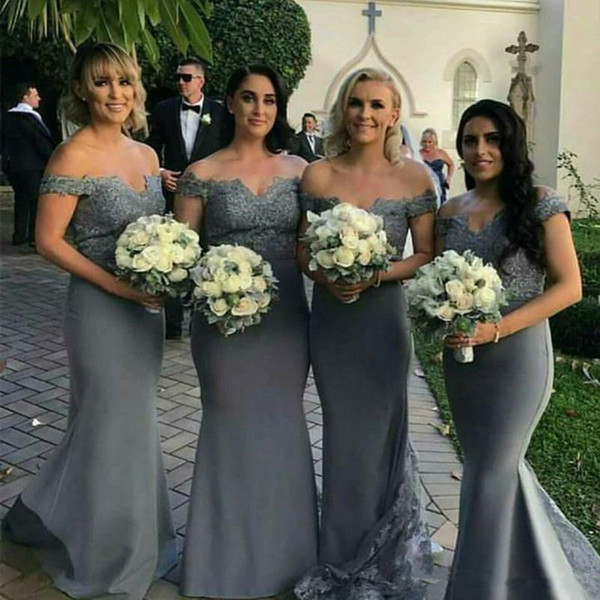 Silver Long Chiffon Bridesmaid's Dresses With Lace Off Shoulder Cao Sleeve Mermaid Wedding Party Dress Bridesmaid Dresses