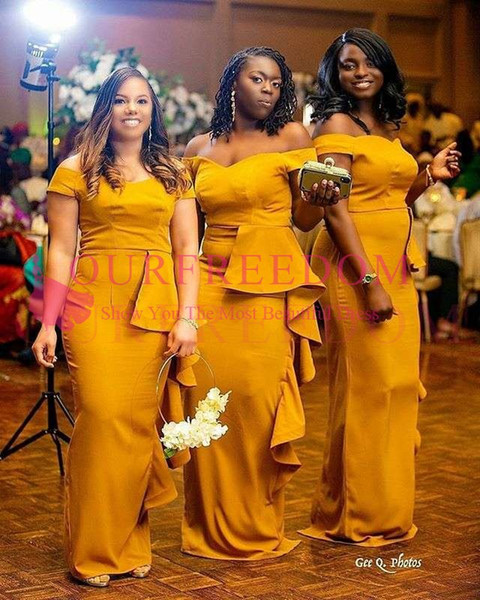 Dusty Yellow Off The Shoulder Bridesmaid Dresses Peplum Ruffles Satin Maid Of Honor Wedding Guest Gown For Country Wedding Wear