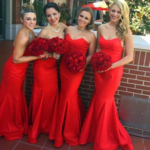 Cheap red mermaid bridesmaid dresses Sexy sweetheart floor length off the shoulder maid of honor dresses formal evening gowns wear