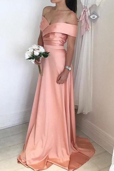 Elgeant Off The Shoulder Bridesmaid Dreses Peach Floor Length Sweep Train Maid Of Honor Wedding Guest Gown Custom Made