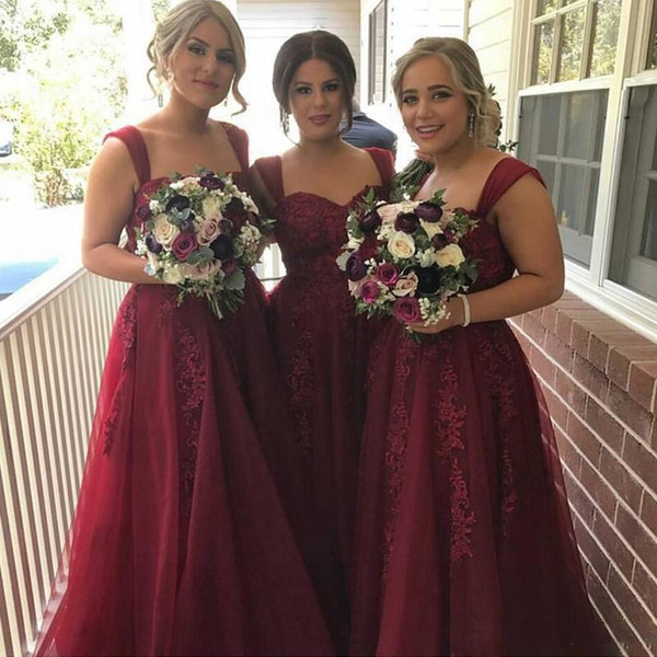 Elegant Burgundy Long Bridesmaid Dresses Lace Appliques Sweetheart Wedding Party Gown Maid Of Honor Dresses