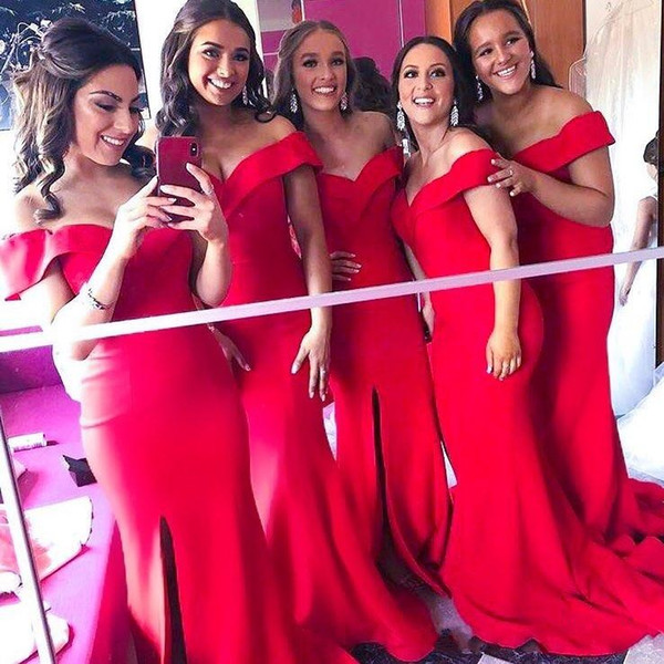 New Elegant Red Mermaid Bridesmaid Dresses Off The Shoulder Splits Plus Size African Maid Of Honor Gowns Wedding Guest Dress BM0356