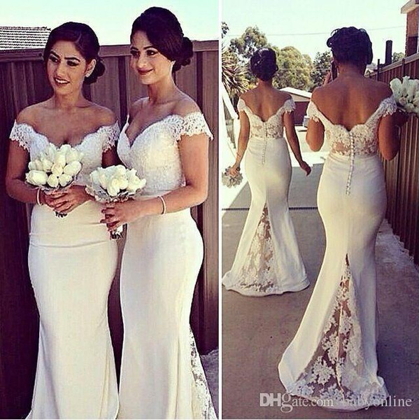 2022Cheap Long Formal Dresses for Women Lace Off Shoulder Mermaid Sweep Train Bridesmaid Dresses Covered Button Back