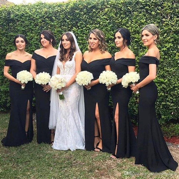 Elegant Off Shoulder Black Mermaid Bridesmaid Dresses Front Split Floor Length Maid Of Honor Dresses Prom Party Gown