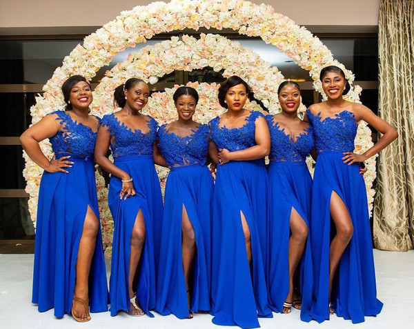 South African Summer A Line Chiffon Lace Royal Blue Bridesmaids Dresses Cap Sleeve Split Long Maid of Honor Gowns Plus Size BM0615