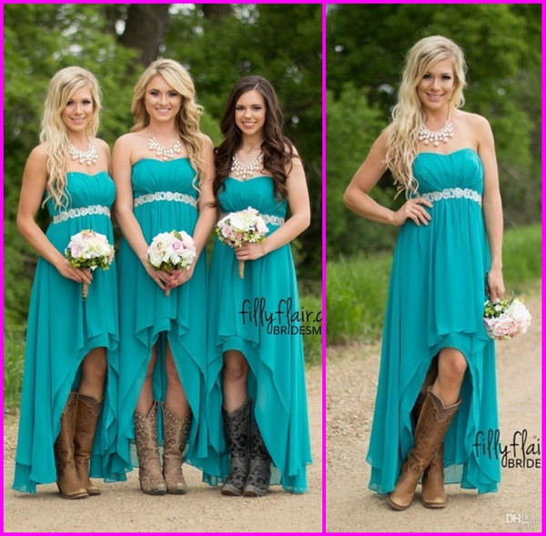 Country Bridesmaid Dresses 2022Cheap Teal Turquoise Chiffon Sweetheart High Low Beaded With Belt Party Wedding Guest Dress Maid Honor Gowns