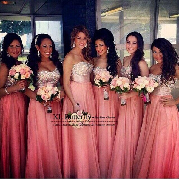 2016 Long Chiffon Bridesmaid Dresses Crystal Rhinestone Top Backless Formal Evening Gowns Pageant Party Dresses Prom Dresses BO9204