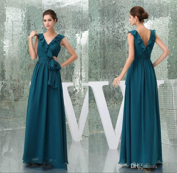 Peacock Blue V Neck Chiffon Bridesmaid Dresses V Cut Back A line Maid of Honor Gown Designed Sash Party Dress BC1942