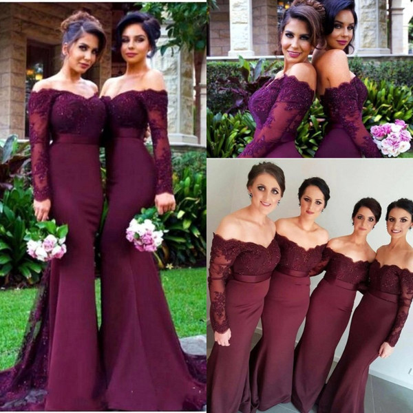 Burgundy Long Sleeves Bridesmaid Dresses Sexy Backless Off Shoulders Appliques Sequins Long Prom Dress Bridesmaid Dress Formal