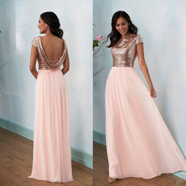 Rose Gold Bridesmaids Dress Prom Dresses Boat Neckline A Line Long Cap Sleeve Sequin Floor Length Poly Chiffon Bridesmaids Dress BC1539