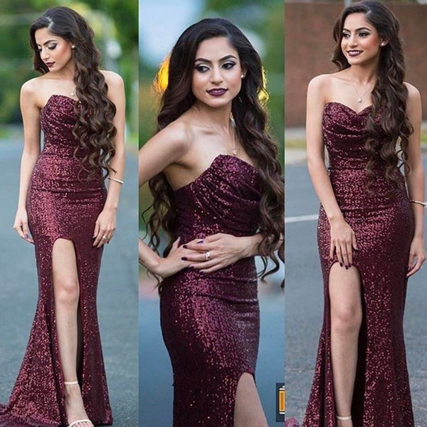 BlingBling Sequined Burgundy Bridesmaid Dresses Front Split Sweetheart Neck Maid of Honer Dress Evening Party Gown BC0737