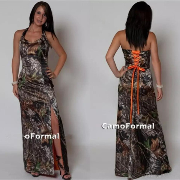 Vintage Camo Bridesmaid Dresses Sexy Split Side Lace-up Back Camouflage Print Long Floor Length Plus Size Country Wedding Formal Gowns