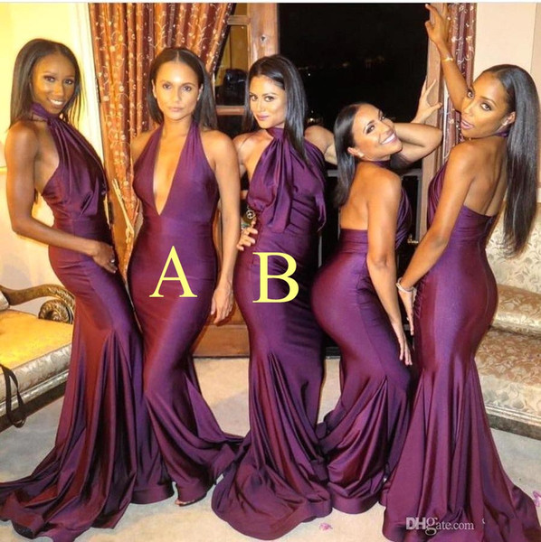 2 Neck Styles Purple Bridesmaid Dresses V Neck Halter Floor Length Maid Of Honor Dresses Prom Party Gown BA9483