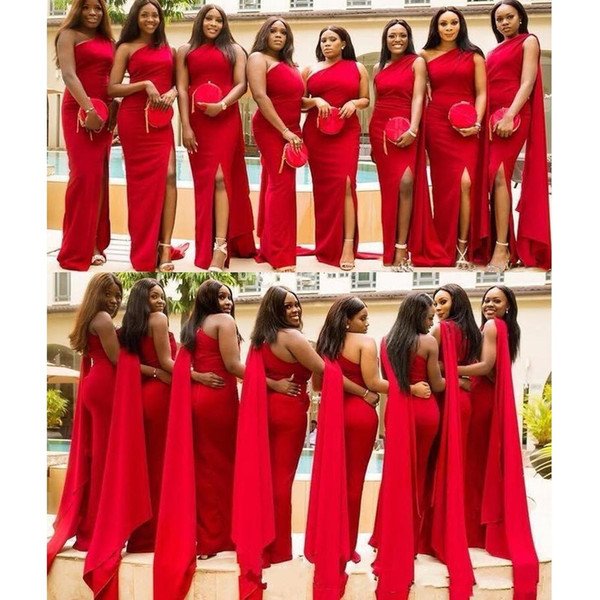 Arabic Cheap Red Mermaid Bridesmaid Dresses One Shoulder Side Split Plus Size Long Wedding Guest Dress African Maid of Honor Gowns