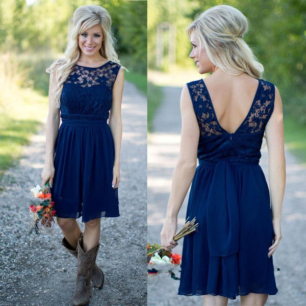 2022Country Style Royal Blue Short Bridesmaid Dresses Cheap Jewel Neck Lace Bodice Backless Ruched Maid of the Honor Dresses with Belt