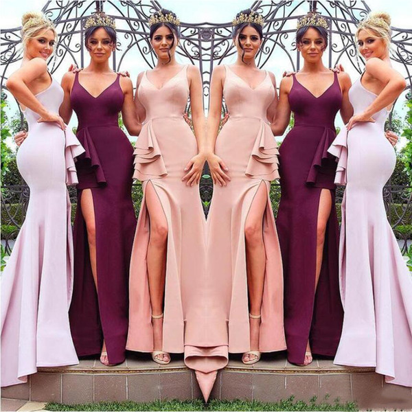 Blush Pink Long Bridesmaid Dresses Sash V Neck Split Mermaid Maid of Honor Gown Burgundy Floor Length Robe d'invité de mariage BM0610