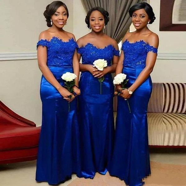 Royal Blue Mermaid Bridesmaid Dresses Off Shoulder Floor Length Appliques Country Beach Garden Wedding Guest Gowns Maid Of Honor Dress 2019