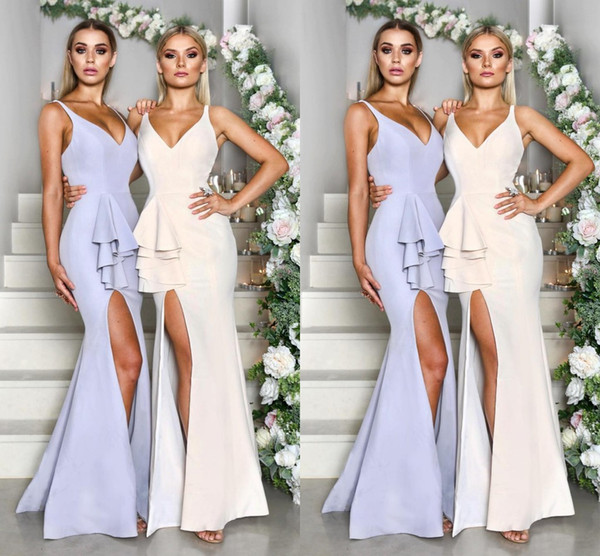 New Spring Elegant Mermaid Bridesmaid Dresses Long Sexy V Neck Front Side Split Ruffles Peplum Long Wedding Guest Party Gowns BM0624