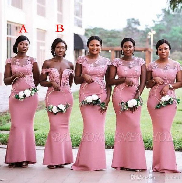 South African Nigeria Pink Lace Mermaid Bridesmaids Dresses New Plus Size Sheer Neck Appliques Floor Length Maid of Honor Gowns