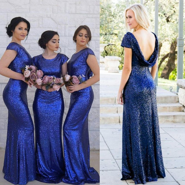 Nigerian Country Royal Blue Sequined Bridesmaid Dress Jewel Neck Long Maid of Honor Dress Mermaid Wedding Guest Gown BM0689