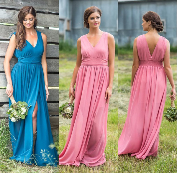 New Arrival Country Style Cheap Bridesmaid Dresses Pink Blue V neck Chiffon Beach Floor Length Pleat Maid of Honor Dresses BM0625