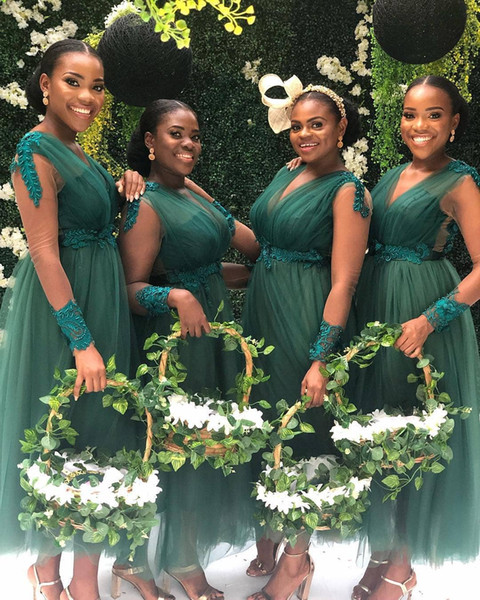 South Africa Dark Green Long Sleeves Bridesmaid Dresses V Neck Ankle Length Sash Tulle Cheap Maid of Honor Gowns BM0618