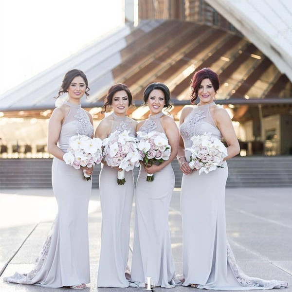 Light Gray Sheer Halter Bridesmaid Dresses Mermaid Floor Length Lace Appliques Maid of Honer Dress Wedding Guest Gown BM0735