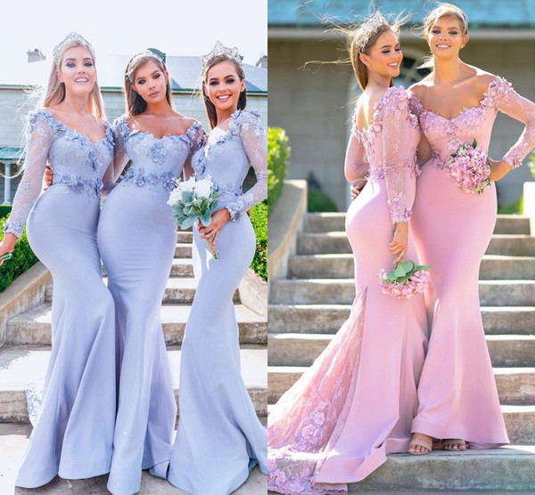 Elegant Sheer Long Sleeve Mermaid Bridesmaid Dresses Cheap Hand Made Flower Appliques Maid of Honor Gowns Wedding Guest Dresses BM0606