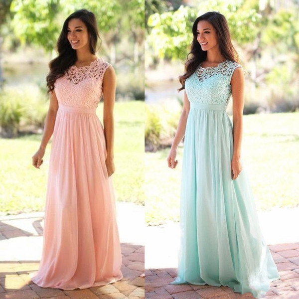 Elegant Pink Mint Green Bridesmaid Dresses Lace Appliqued Wedding Guest Dress Sheer Back Zipper Sweep Train Chiffon Cheap Formal Gown CPS489