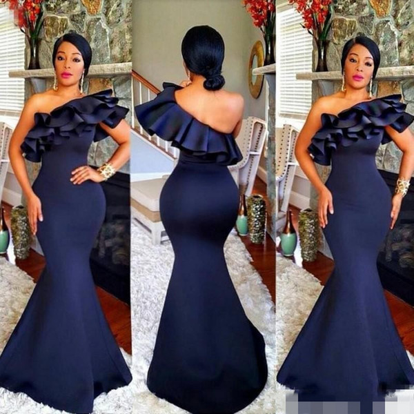 Navy Blue Long Bridesmaid Dresses One Shoulder Ruffles Satin Mermaid for Wedding African Women Wedding Guest Dresses