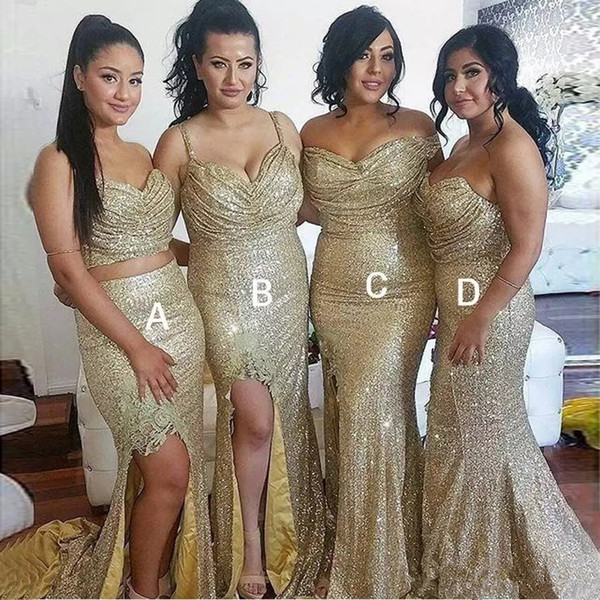 Mixed Styles Mermaid Gold Sequins Bridesmaid Dresses Long High Split Plus Size For Evening Wedding Party Maid Of Honor Gowns Wear