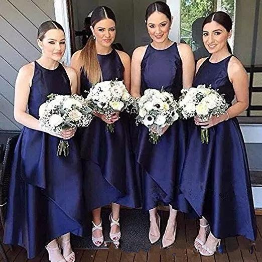 Modest Navy Blue Bridesmaid Dresses Sleeveless Satin High Low Crew Simple halter Maid Of Honor Dress Evening Party Gowns Formal Prom Dress