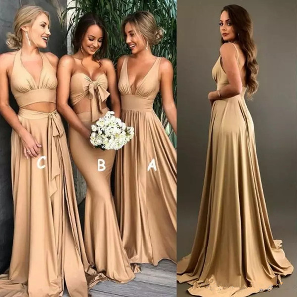 Sexy Gold Bridesmaid Dresses with split V Neck Long Boho country beach Maid of Honor Gowns Plus Size Wedding prom party Guest Wears