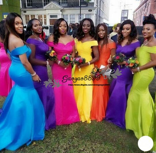 African Sexy mermaid Bridesmaid Dresses off the shoulder colorful Sweep Train Custom Made cheap Maid Of Honor Wedding Party Guest Gowns