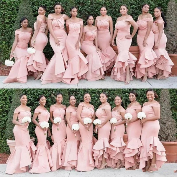 New Long Blush Pink Mermaid Bridesmaid Dresses Off Shoulder Satin Cascading Ruffles Wedding Guest Dress Plus Size Maid Of Honor Gowns