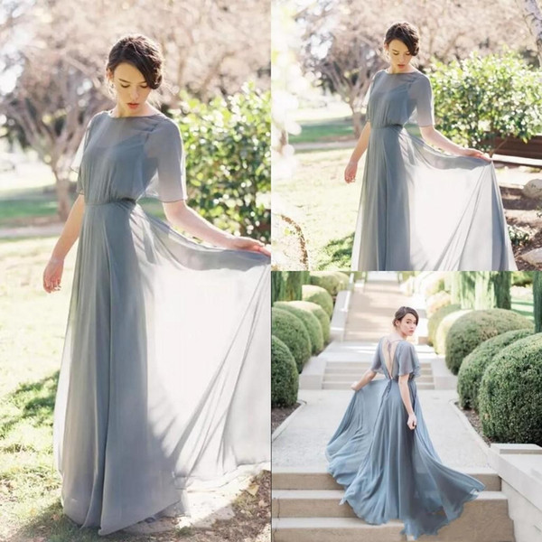 Elegant Boho Long Bridesmaid Dresses Scoop Short Sleeves Sexy Back Maid Of Honor Gowns A Line Chiffon Party Wedding Guest Dress DTJ