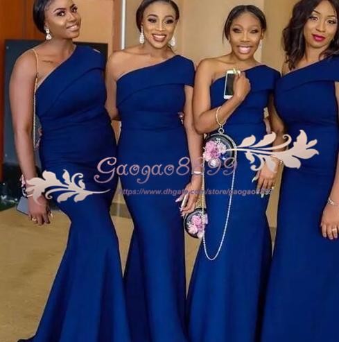 Blue Plus Size One Shoulder Mermaid Bridesmaid Dresses Sweep Train Simple African Garden Country Wedding Guest Gowns Maid Of Honor Dress