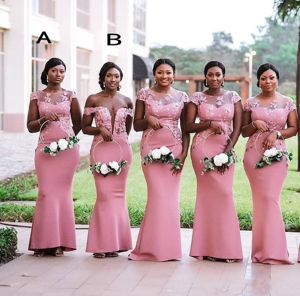 South African Nigeria Pink Mermaid Bridesmaids Dresses Plus Size Sheer Neck Lace Appliques Floor Length Wedding Guest Dress