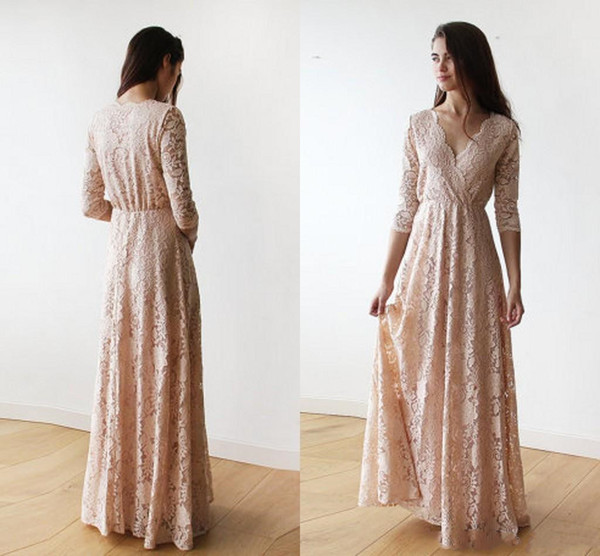 Elegant Pink Lace Bridesmaid Dress Long Sleeves A-line V-neck Floor Length Maid Of Honor Dresses Wedding Guest Gown Custom Made