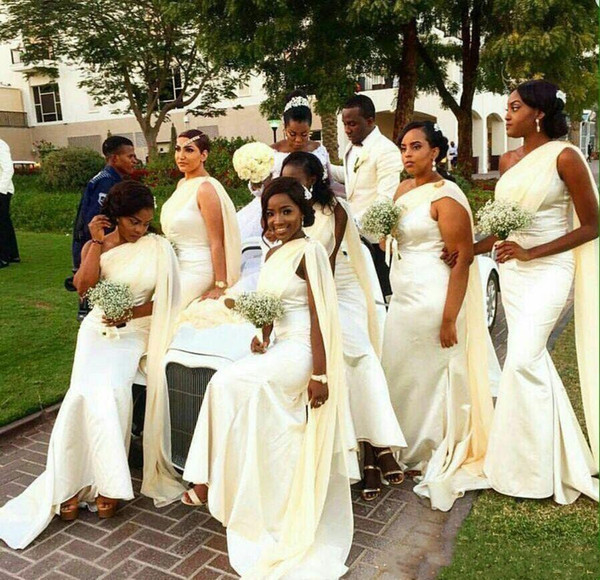 Cheap African Balck Girl Bridesmaid Dresses Country Style One Shoulder Long Sweep Train Maid Of Honor Dress Wedding Guest Dress