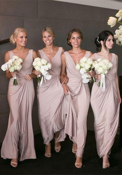 Elegant Sheath Long Bridesmaid Dresses Sexy Deep V Neck Sleeveless Floor Length Wedding Guest Dress Maid of Honor Gowns