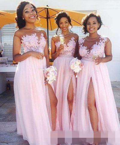 Blush Pink Long Bridesmaid Dresses Chiffon Lace Appliqued Floor Length High Slits Maid Of Honor Prom Gowns Wedding Guest Dress