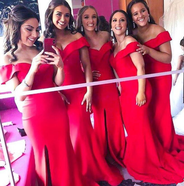 New Elegant Red sexy Split Side Bridesmaid Dresses Mermaid Off The Shoulder Plus Size custom made cheap African Maid Of Honor Gowns