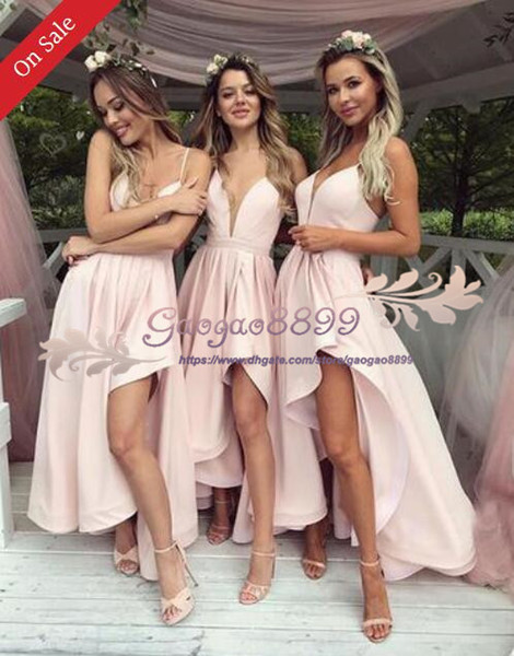 Summer short bridesmaid dresses spaghetti sexy deep v neck hi-low Bridesmaid Dresses with zipper Back custom made Maid Of Honor Dress