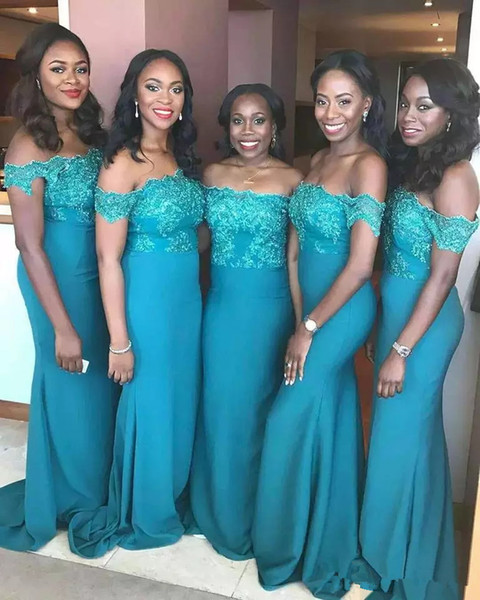 Turquoise Teal Blue Mermaid Bridesmaid Dresses Off Shoulder Lace Applique African Wedding Guest Maid of Honor Gowns 