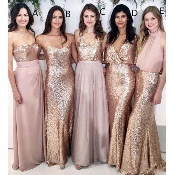 Mixed Styles Modest Beach Wedding Guest Dresses Bridesmaid Dresses with Rose Gold Sequin Wedding Maid of Honor Gowns Party Formal Wear