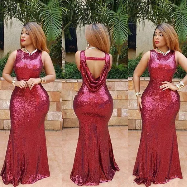 Bling Dark red jewel Sequined Maid of Honor Dresses Backless Plus Size Long Beach Bridesmaid Bridal Party Evening Gowns Custom cheap